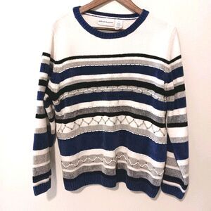 Alfred Dunner Chenille Stripe Beaded Sweater Sz L Blue White Black Gray Crewneck